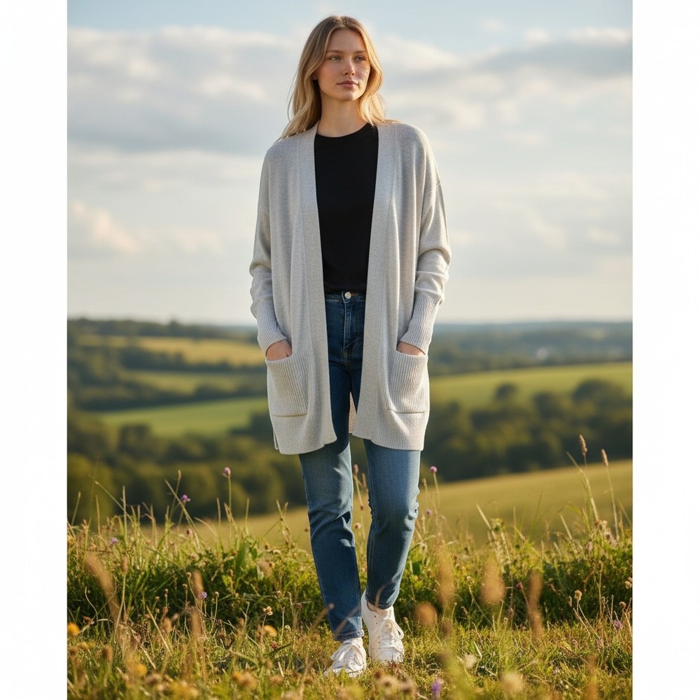 Sonoma Cardigan Sweater Women XL White Open Front‎ Ribbed Trim Relaxed Coastal